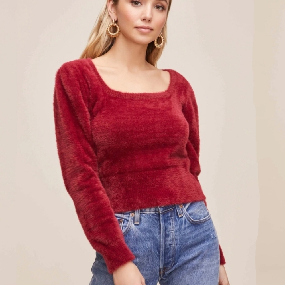Astr The Label Womens Sweater Puff Sleeve Square Neck Size M